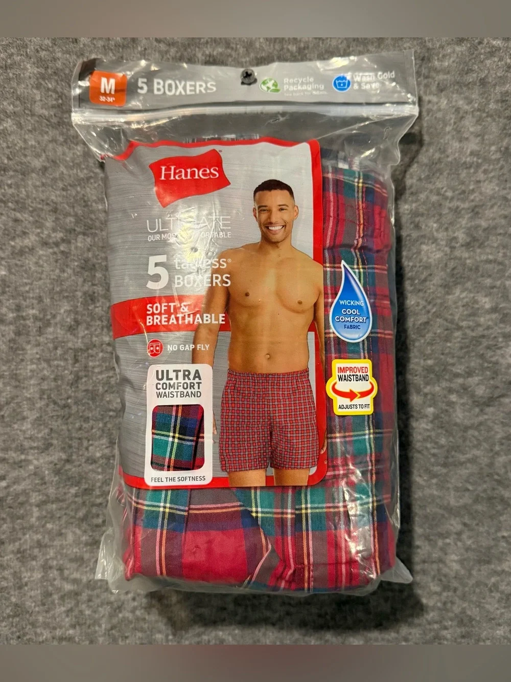Hanes 5 Pack Tagless Boxers Mens M 32-34 Soft Comfort Plaid Red Green Colorful